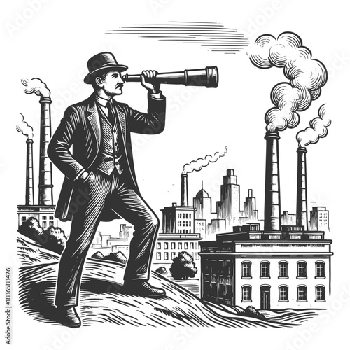 man in a top hat using a telescope to view a smoky industrial city from distance sketch engraving generative ai fictional character vector illustration. Scratch board imitation. Black and white image.