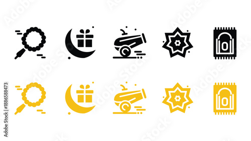 Ramadan and Islamic Festival Solid Icon Set in Black and Gold Style