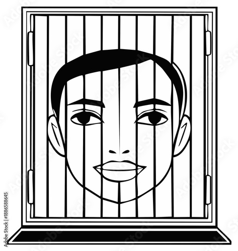 Illustration of a human face behind bars concept