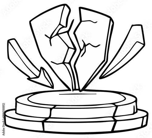 Broken shield shattered on pedestal with impact arrows illustration