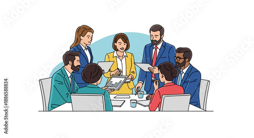 Diverse Business Team Meeting, Collaboration and Strategy Discussion. Analyzing Financial Data Illustration.