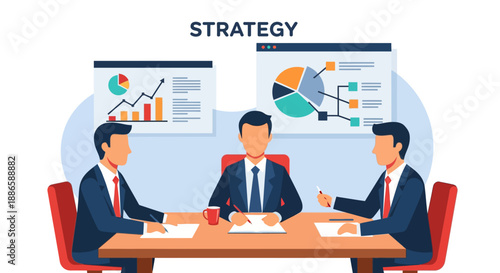 Business Strategy Meeting Vector Illustration: Executives Analyzing Financial Data, Growth Charts, and Corporate Planning at a Board Table.