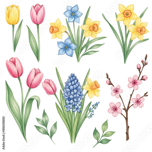 A colorful spring bouquet of fresh tulips in full bloom with pink, red, yellow, and purple flowers