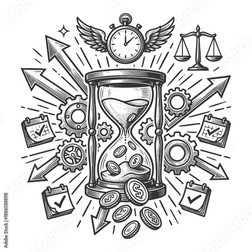 hourglass with coins, gears, arrows, and calendars symbolizing time, money, productivity, and efficiency sketch engraving generative ai vector illustration. Scratch board imitation. Black and white.
