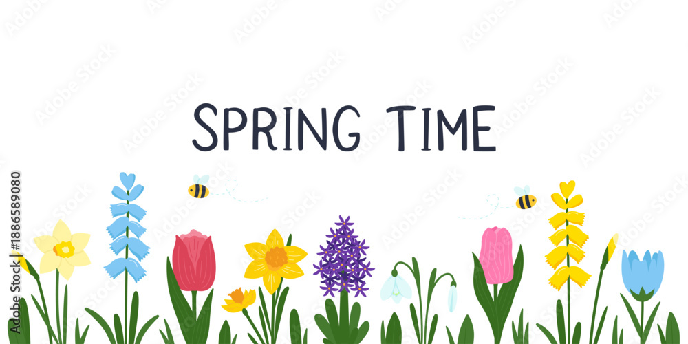 Fototapeta premium Spring time banner with hand-drawn garden flowers like tulips and daffodils, and cute bees. Horizontal floral border vector illustration isolated on white. Perfect for Easter or greeting cards.