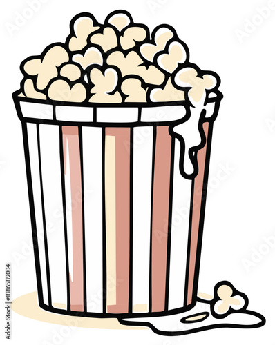 Cartoon illustration of overflowing popcorn in a striped bucket with melted butter