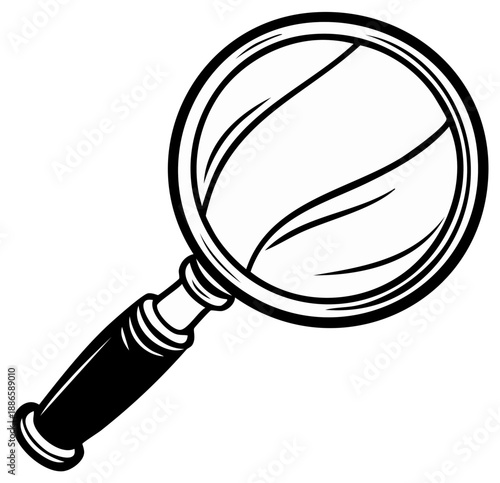 Magnifying glass illustration. Black and white graphic of a classic hand held optical instrument.