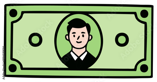 Hand drawn illustration of a green paper money banknote with a cartoon man portrait