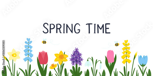 Spring time banner with hand-drawn garden flowers like tulips and daffodils, and cute bees. Horizontal floral border vector illustration isolated on white. Perfect for Easter or greeting cards.