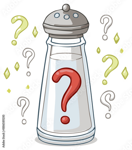 Cartoon salt shaker with a question mark and question marks floating around it