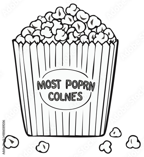 Hand Drawn Sketch of a Movie Theater Popcorn Box Filled with Kernels and Scattered Around