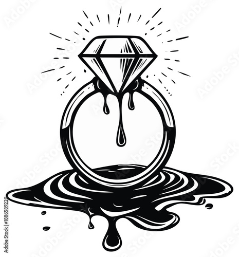 Diamond Engagement Ring Melting in Dark Liquid Black and White Illustration