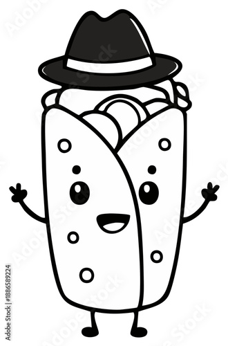 Charming Shawarma Cartoon Character Smiling with Fedora Hat, Waving Delightfully Delicious Wrapped Fast Food Treat with Cheerful Expression