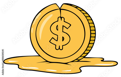 Cartoon cracked coin with dollar symbol melting illustration for economic depression, financial crash