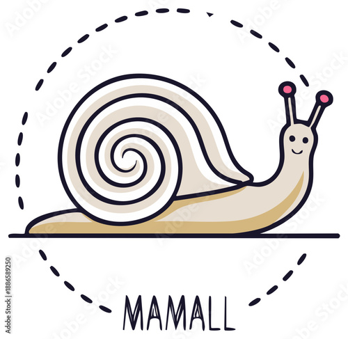 Cartoon snail illustration within dotted circle, cute smiling mollusk animal graphic
