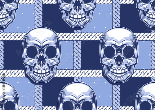 skull seamless pattern with rope background, image punk background, street comic art, hawaii textile fashion, bone artwork for fabric print, clothes, pants, handkerchief or banner website