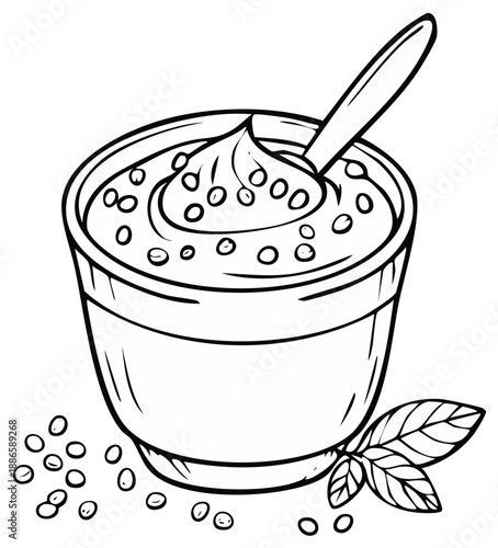 Black and white illustration of a creamy dip with whole ingredients and fresh basil leaves