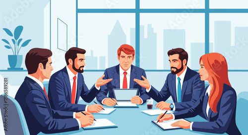 Corporate Business Meeting in Modern Boardroom. Professional Team Discussion, Strategy, and Negotiation. Vector Illustration.