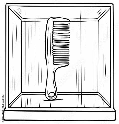 Illustration of a comb in a rectangular box with detailed line art
