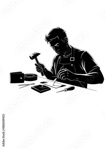 Leather Crafting Artisan Silhouette, Person Working with Leather Tools, Handmade Wallet and Belt Manufacturing Concept Vector Art