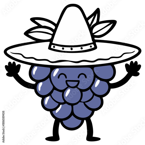 Happy purple berry character wearing a sombrero and waving arms with a smiling face