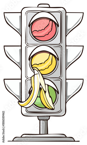 Cartoon traffic light with banana peel, red, yellow, and green lights, humorous concept.