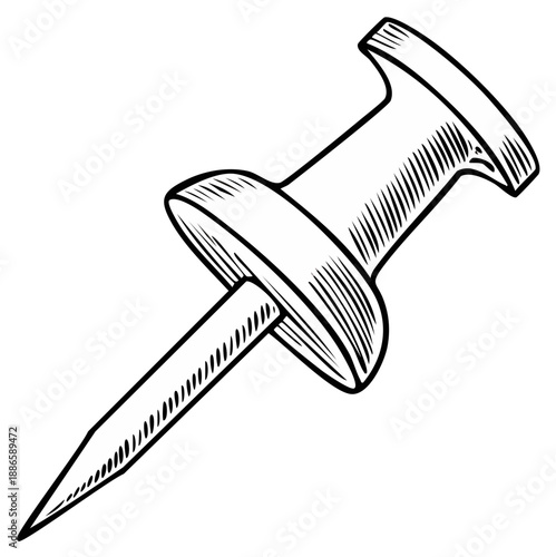 Illustration of a vintage drawing pin with a sharp pointed metal pin and a flat circular head with hatched texture