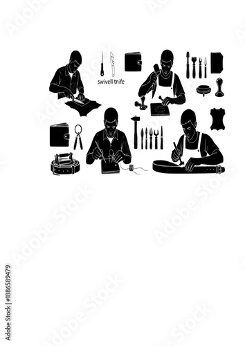 Leather Crafting Artisan Silhouette, Person Working with Leather Tools, Handmade Wallet and Belt Manufacturing Concept Vector Art