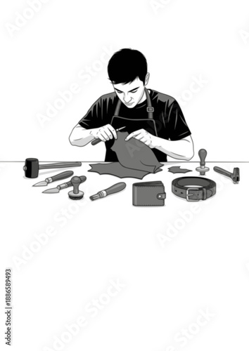 Leather Crafting Artisan Silhouette, Person Working with Leather Tools, Handmade Wallet and Belt Manufacturing Concept Vector Art