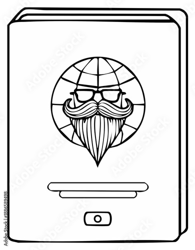 Stylized passport with globe featuring a bearded face and glasses illustration