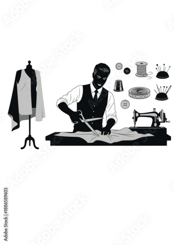 Professional Fashion Tailor Silhouette, Dressmaker Cutting Fabric with Scissors, Bespoke Clothing Design and Sewing Workshop Vector