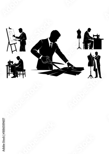 Professional Fashion Tailor Silhouette, Dressmaker Cutting Fabric with Scissors, Bespoke Clothing Design and Sewing Workshop Vector