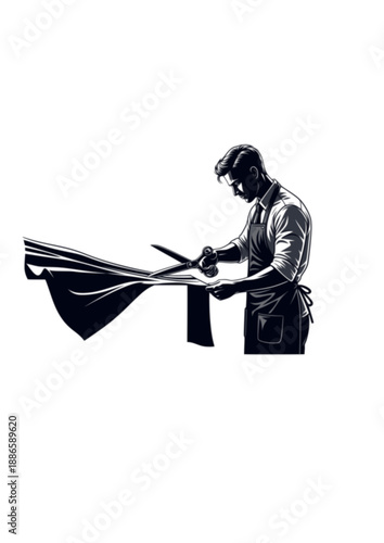 Professional Fashion Tailor Silhouette, Dressmaker Cutting Fabric with Scissors, Bespoke Clothing Design and Sewing Workshop Vector