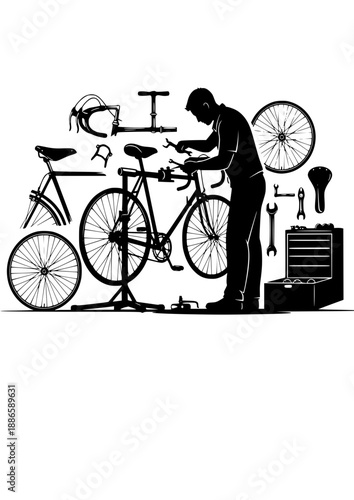 Vintage Bicycle Restoration Silhouette, Bike Mechanic Working in Repair Shop, Sustainable Transport and Cycling Maintenance Vector Art