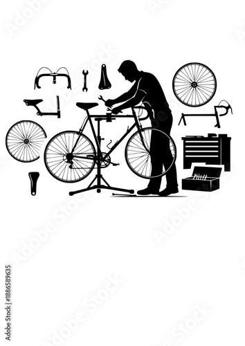Vintage Bicycle Restoration Silhouette, Bike Mechanic Working in Repair Shop, Sustainable Transport and Cycling Maintenance Vector Art