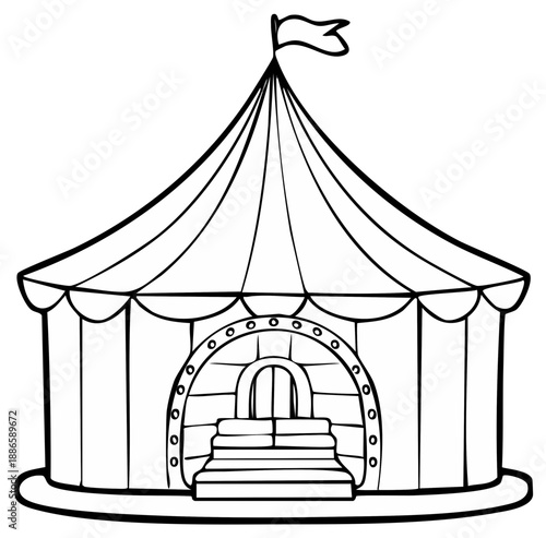 Black and white illustration of a classic circus tent with a flag at the top.