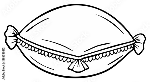 Decorative pillow with ruffled edges and bow knot detail line drawing