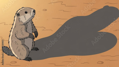Groundhog casting a large shadow on sandy ground cartoon illustration for Groundhog Day concept isolated on white
