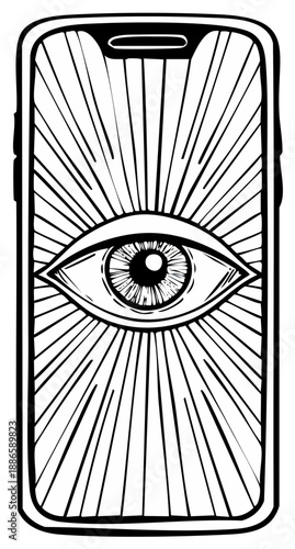 All-Seeing Eye on a smartphone screen representing digital surveillance and technology line art.