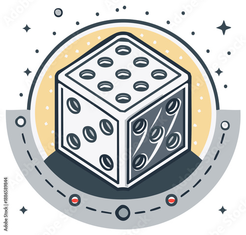 Cartoon dice illustration with six sides and numbered pips, game of chance concept.