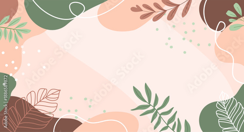 Abstract organic background with soft pastel shapes, botanical leaves and hand drawn line elements. Minimal flat vector illustration in natural colors for posters, social media, web design and brandin