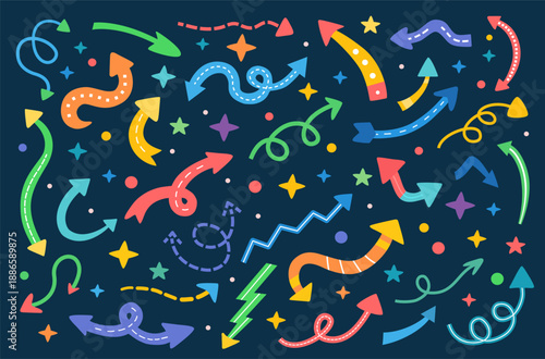 Colorful hand drawn arrows and doodle elements on dark background. Playful flat vector illustration with direction symbols, stars and lines for education, UI design, presentations and infographics.