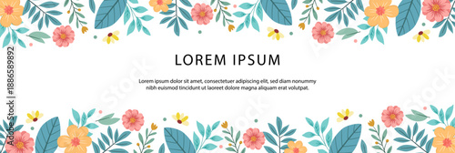 Floral horizontal banner with colorful spring flowers and leaves on white background. Elegant flat vector design with botanical borders and central copy space, ideal for headers, invitations, posters 