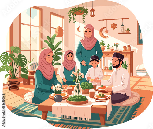 Warm and cozy muslim family enjoying a traditional meal together at home, surrounded by lush plants and festive decorations, evoking a sense of togetherness and cultural heritage