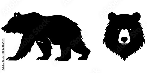 Vector illustration of a wild grizzly bear and lion silhouette featuring a black predator animal symbol isolated on a white background for nature and wildlife icons