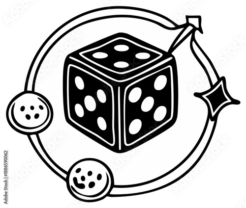 Stylized Dice Game Illustration Featuring Dices, Orbs, and a Star, Perfect for Logo, Design or Decoration Projects