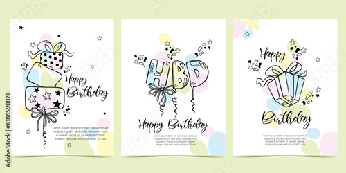 Hand drawn birthday party invitation set with gifts and ballons. Line art birthday party invitation cards set