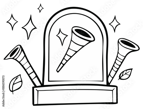 Magical Trumpet Display Case Sparkly Art Illustration, Whimsical Drawing, Ornate Decorative Design.