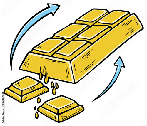 Gold Bar and Gold Pieces Splitting with Blue Arrows Concept Illustration