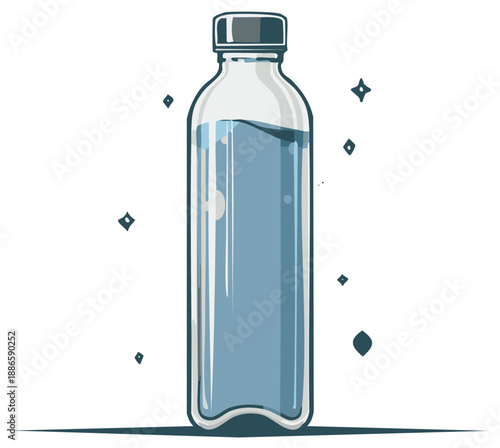 Clear plastic bottle filled with refreshing blue water and sparkling light effects